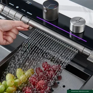 Smart Kitchen Sink – Stainless Steel Waterfall Single Bowl Workstation with Digital Display & Pull-Out Fly Rain Faucet – Multifunctional Sink