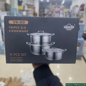 Uakeen VK-60 Stainless Steel Cookware Set – Triple S/S 6-Piece Durable Pots & Pans for Everyday Cooking – Modern Home Kitchen Set