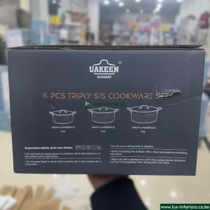 Uakeen VK-60 Stainless Steel Cookware Set – Triple S/S 6-Piece Durable Pots & Pans for Everyday Cooking – Modern Home Kitchen Set