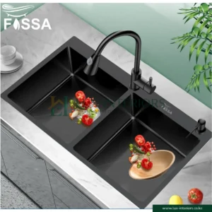 WK Double Bowl Kitchen Sink – Black Stainless Steel with Rinse Tray & Soap Dispenser – Modern Workstation Sink for Contemporary Kitchens
