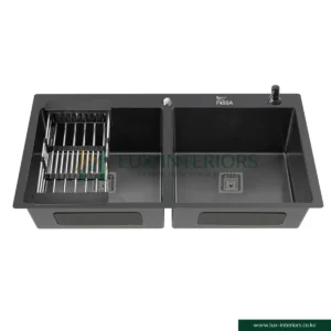 WK Double Bowl Kitchen Sink – Black Stainless Steel with Rinse Tray & Soap Dispenser – Modern Workstation Sink for Contemporary Kitchens