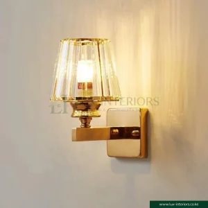 Wall Sconce Light – Crystal Glass with Gold Cone Design for Elegant Ambient Lighting – Indoor Bedroom & Living Room Fixture