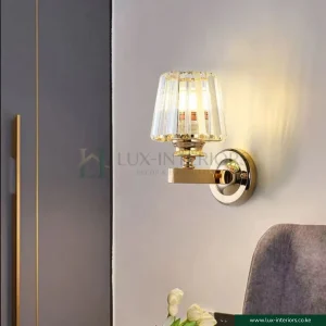 Wall Sconce Light – Crystal Glass with Gold Cone Design for Elegant Ambient Lighting – Indoor Bedroom & Living Room Fixture