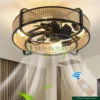 Ceiling Fan with Light – Retro Industrial Enclosed Cage Design with Remote Control – Black & Bamboo Indoor Fixture