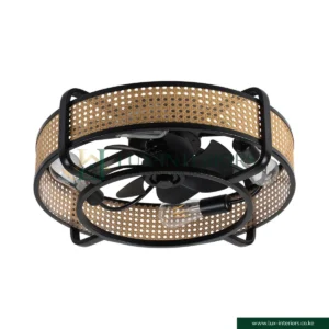 Ceiling Fan with Light – Retro Industrial Enclosed Cage Design with Remote Control – Black & Bamboo Indoor Fixture