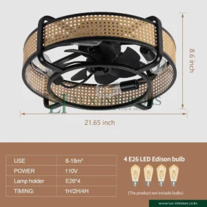 Ceiling Fan with Light – Retro Industrial Enclosed Cage Design with Remote Control – Black & Bamboo Indoor Fixture
