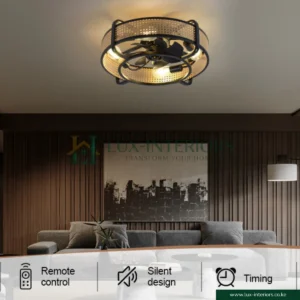 Ceiling Fan with Light – Retro Industrial Enclosed Cage Design with Remote Control – Black & Bamboo Indoor Fixture