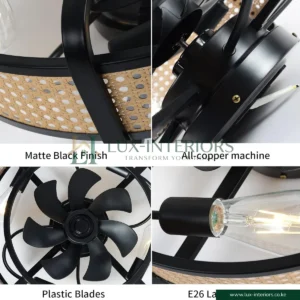 Ceiling Fan with Light – Retro Industrial Enclosed Cage Design with Remote Control – Black & Bamboo Indoor Fixture