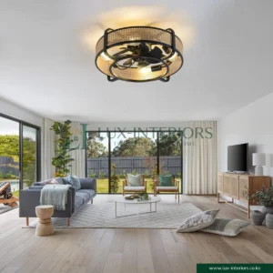 Ceiling Fan with Light – Retro Industrial Enclosed Cage Design with Remote Control – Black & Bamboo Indoor Fixture