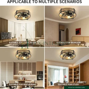 Ceiling Fan with Light – Retro Industrial Enclosed Cage Design with Remote Control – Black & Bamboo Indoor Fixture