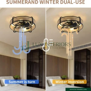 Ceiling Fan with Light – Retro Industrial Enclosed Cage Design with Remote Control – Black & Bamboo Indoor Fixture