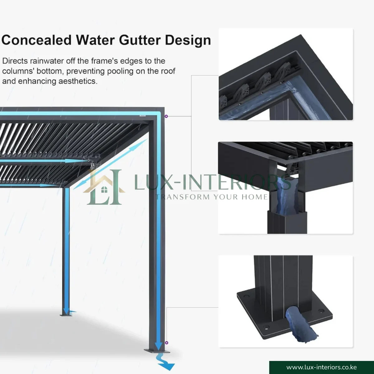 Luxe Aluminium Outdoor Pergola Gazebo – 3×3m with Integrated LED Lighting – Matte Grey with Open Sides - Image 6
