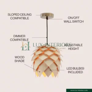 Wooden Pendant Light – Modern Acorn Shape with Natural Wood Finish – Indoor Ceiling Fixture for Dining & Living Rooms