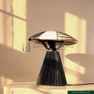 LED Table Lamp – Black Mushroom Shape with African Rattan-Style Weave for Warm Ambient Lighting – Indoor Bedside & Living Room Lamp
