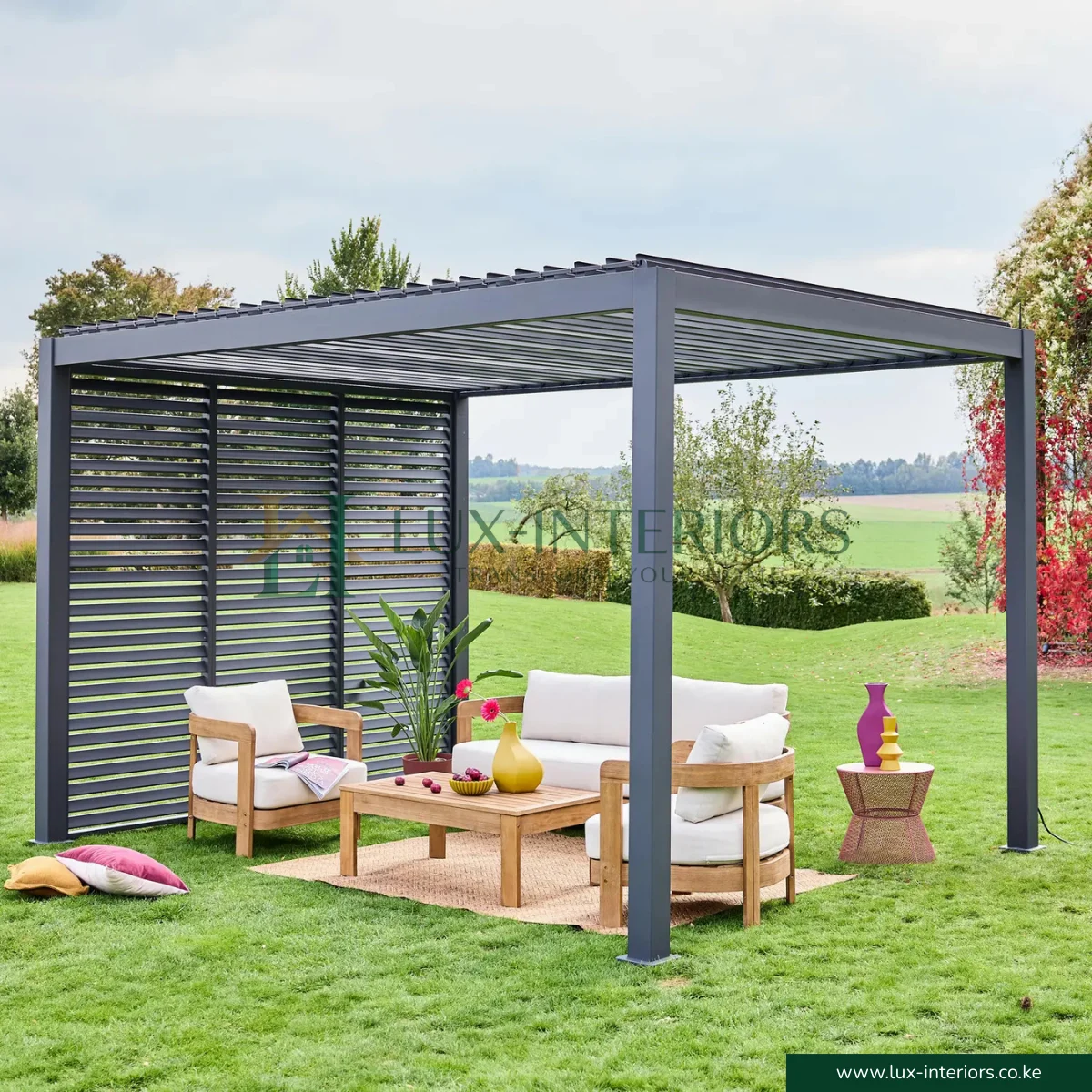 Luxe Aluminium Outdoor Pergola Gazebo – 3×3m with Integrated LED Lighting – Matte Grey with One-Side Louver Panel, Open Sides