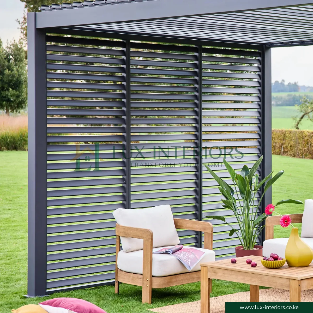 Luxe Aluminium Outdoor Pergola Gazebo – 3×3m with Integrated LED Lighting – Matte Grey with One-Side Louver Panel, Open Sides - Image 2