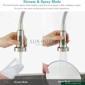 Brimix 6243L Kitchen Sink Mixer Tap – 360° Swivel Pull-Out Spray for Flexible Use – Brushed Nickel Spring
