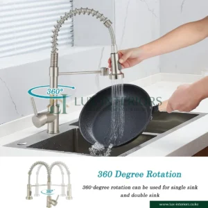 Brimix 6243L Kitchen Sink Mixer Tap – 360° Swivel Pull-Out Spray for Flexible Use – Brushed Nickel Spring