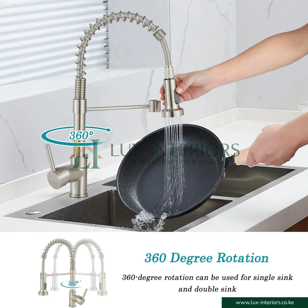 Brimix 6243L Kitchen Sink Mixer Tap – 360° Swivel Pull-Out Spray for Flexible Use – Brushed Nickel Spring - Image 4