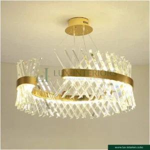 Luxury LED Chandelier – Gold Circular Frame with K9 Crystal Rods – Modern Crystal Finish
