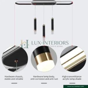 Modern LED Pendant Light – Linear Mount with 3 Cylinder Spotlights – Pearl Black Finish