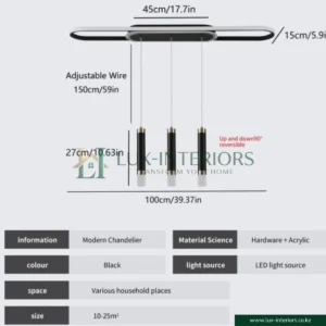 Modern LED Pendant Light – Linear Mount with 3 Cylinder Spotlights – Pearl Black Finish