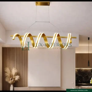 Modern LED Pendant Light – Sculpted Wave Spiral Design for Dining & Living Spaces – Matte Gold