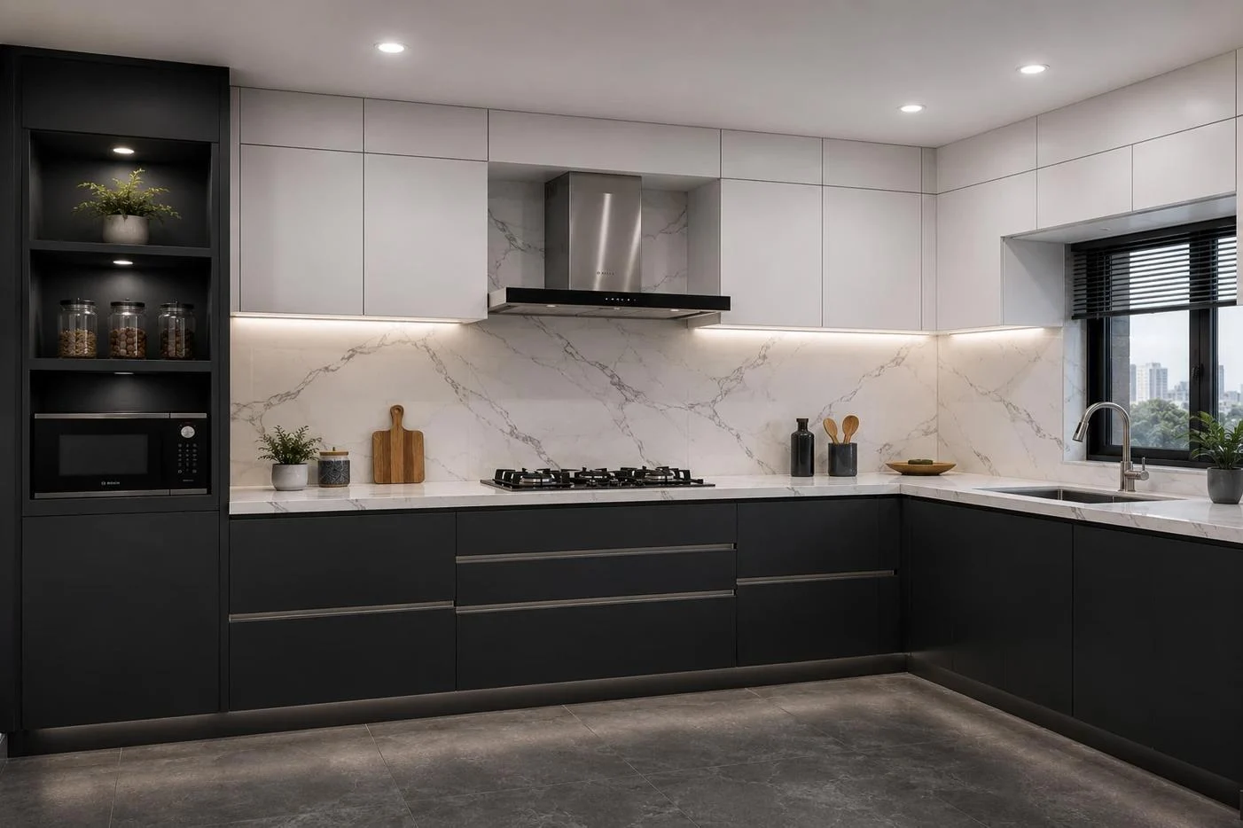 modern modular gothic grey and frosty white l shaped kitchen design with quartz cabinets img